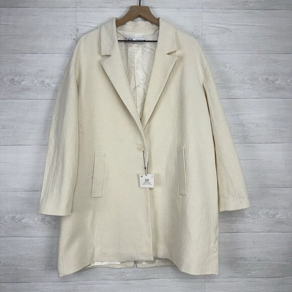 Zara Oversized Textured Wool Blend Coat Women XL Ivory Long Jacket Blazer NEW - Picture 15 of 16